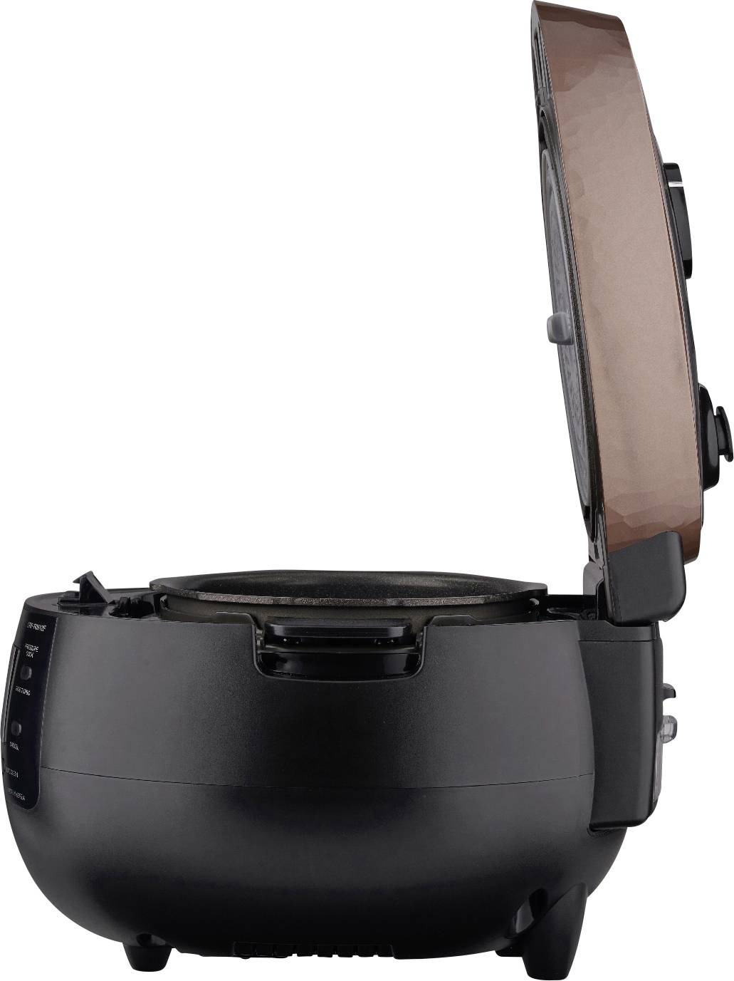 Un multicuiseur noir ouvert avec un couvercle en cuivre, montrant la surface de cuisson.