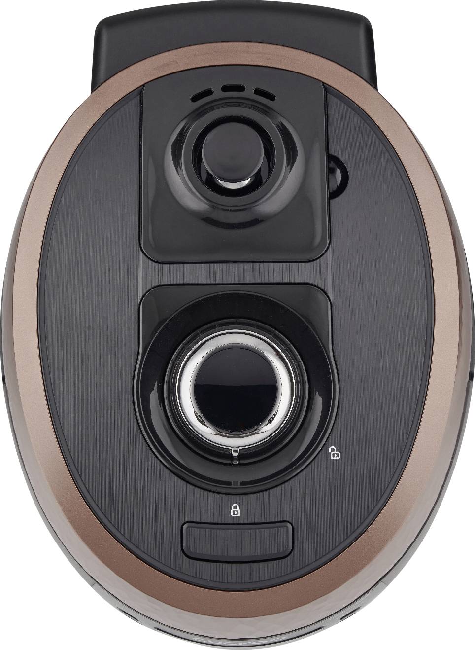 Un aspirateur noir ovale vu de dessus, équipé d'un grand et d'un petit bouton rotatif, ainsi qu'un symbole de verrouillage.