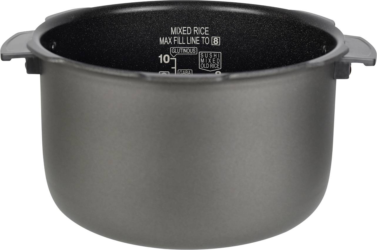 Casserole avec échelle intérieure pour aide à la cuisson, indication pour différentes méthodes de cuisson du riz, ligne de remplissage maximal à 8 tasses.