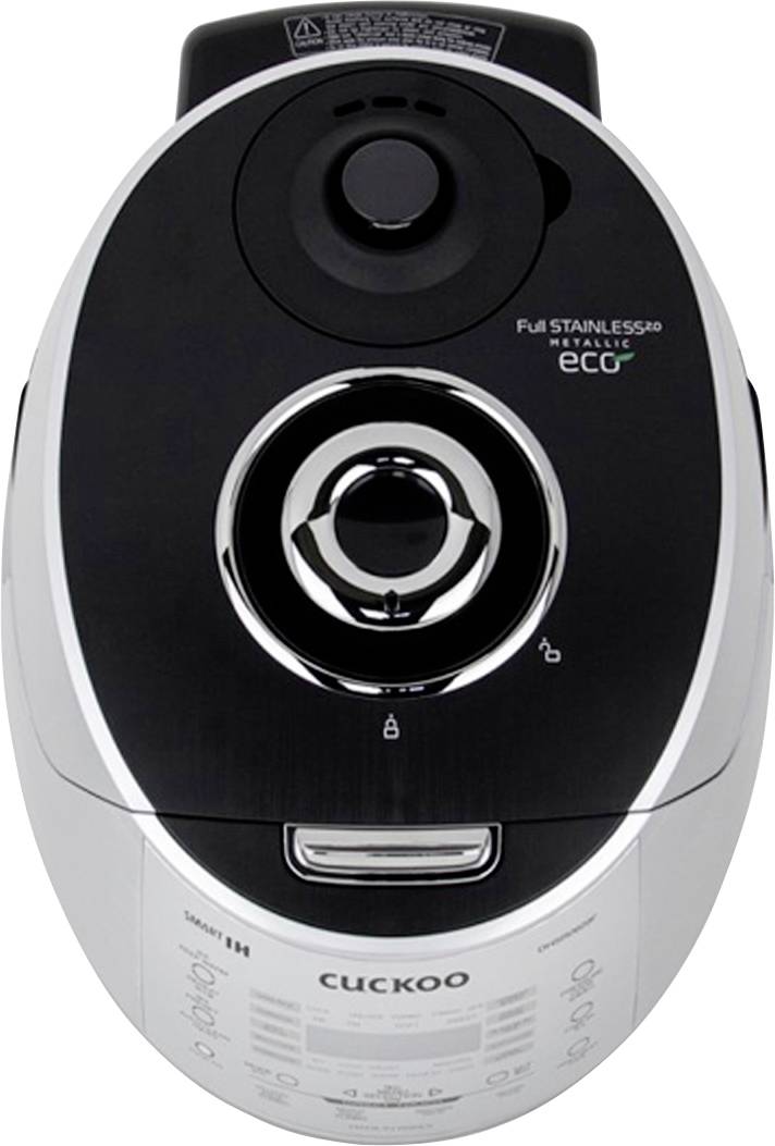 Un cuiseur à riz moderne en noir et argent avec plusieurs éléments de commande, comprenant des boutons rotatifs et des touches sur le dessus.