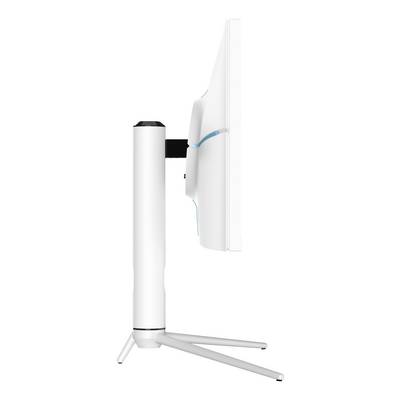 Vue latérale d'un moniteur de jeu blanc sur son socle. L'écran est légèrement incliné vers l'avant, avec des touches de bleu.