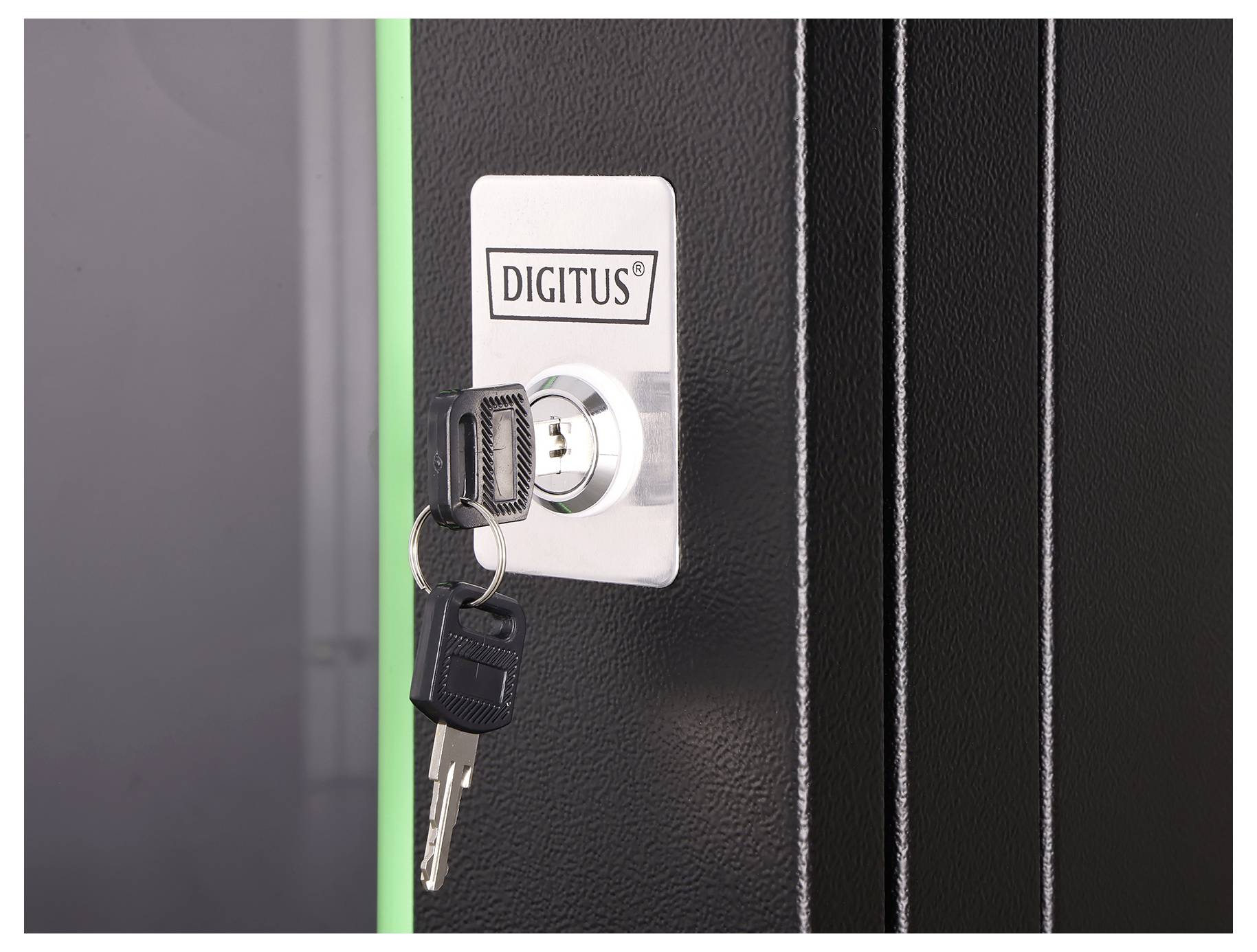 Une porte de cabinet métallique est sécurisée par un cadenas étiqueté « DIGITUS ». Une paire de clés est insérée dans la serrure, prête à être tournée.