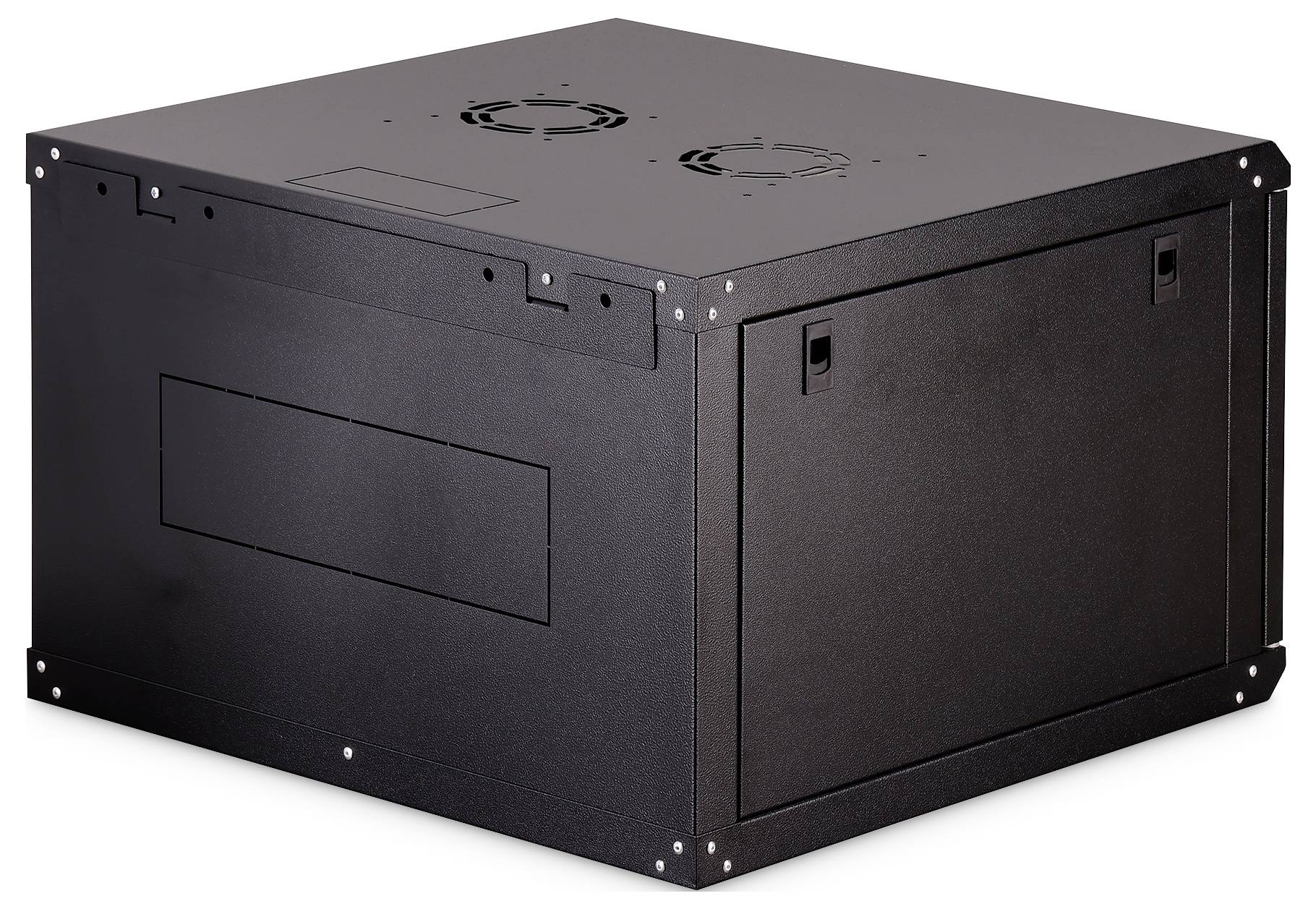 Un boîtier carré en métal noir avec des ventilateurs de ventilation sur le dessus et des poignées sur le côté, adapté pour abriter du matériel électronique ou des serveurs.
