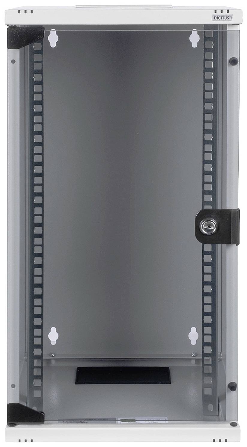Une armoire de distribution réseau vide, grise, avec porte en verre et serrure métallique, adaptée aux serveurs ou aux équipements réseau.