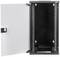 Armoire métallique à porte ouverte, révélant un espace de rangement intérieur noir et vide avec une rail de montage. Convient au stockage d'équipements techniques.