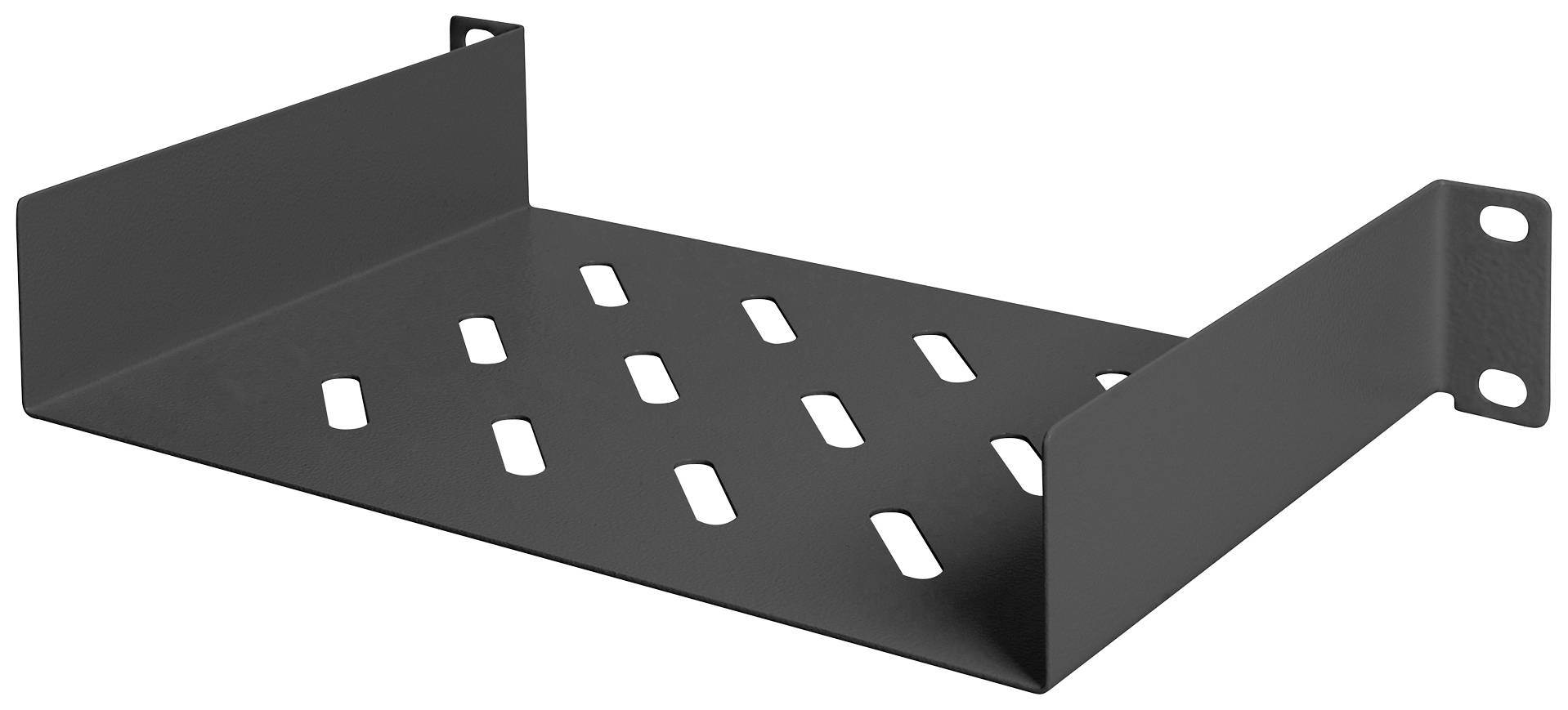 Étagère en métal noir, rectangulaire, avec des supports latéraux et des fentes sur la surface pour la ventilation ou la gestion des câbles.