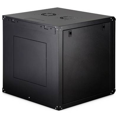 Une armoire de rangement métallique noire cubique, dotée de trous de ventilation sur la surface supérieure, adaptée au stockage et à l'organisation d'équipements électroniques.