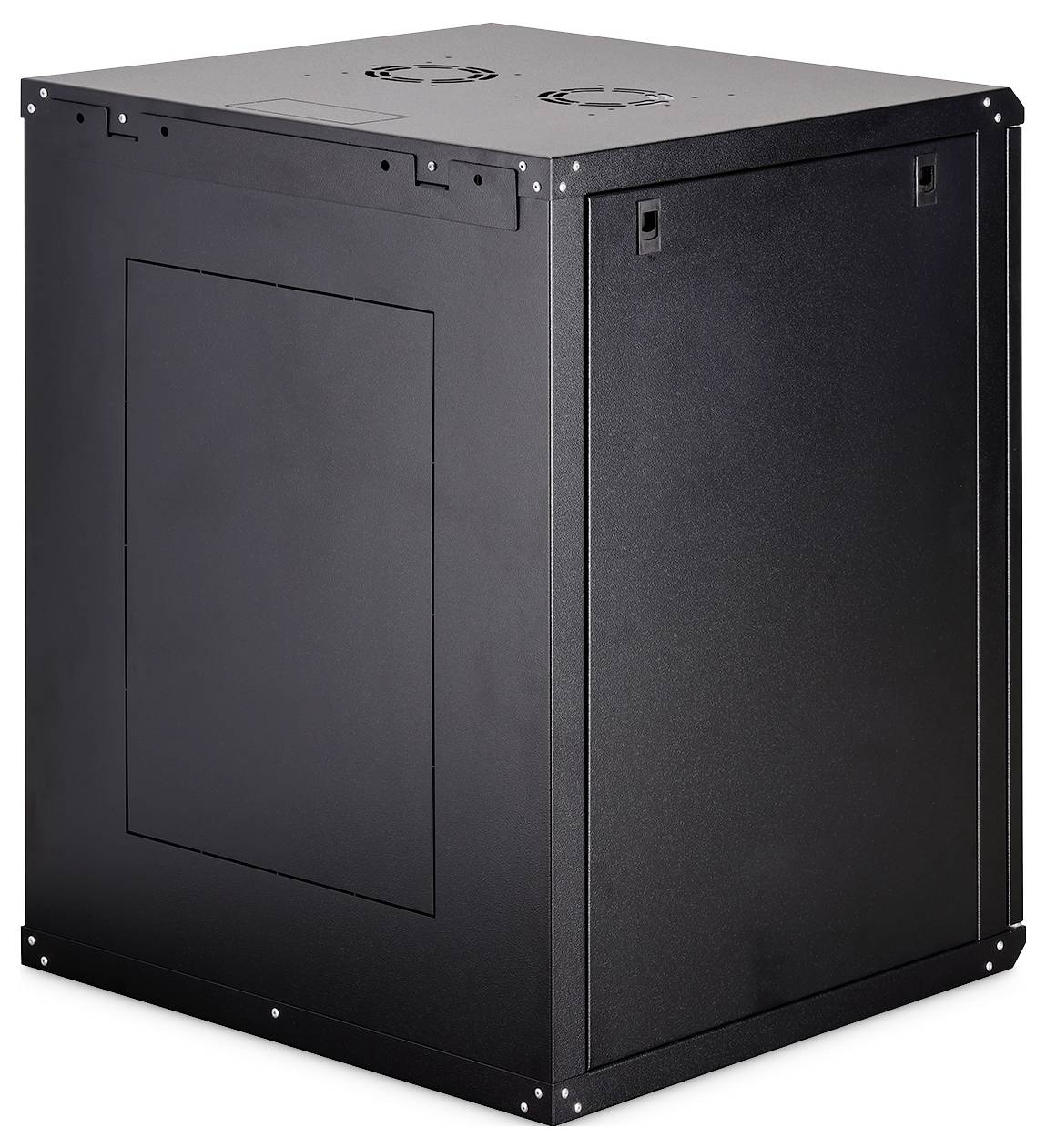 Armoire de serveur informatique noire avec un panneau avant plein et des panneaux supérieurs ventilés, utilisée pour héberger et protéger des serveurs et du matériel de réseau.