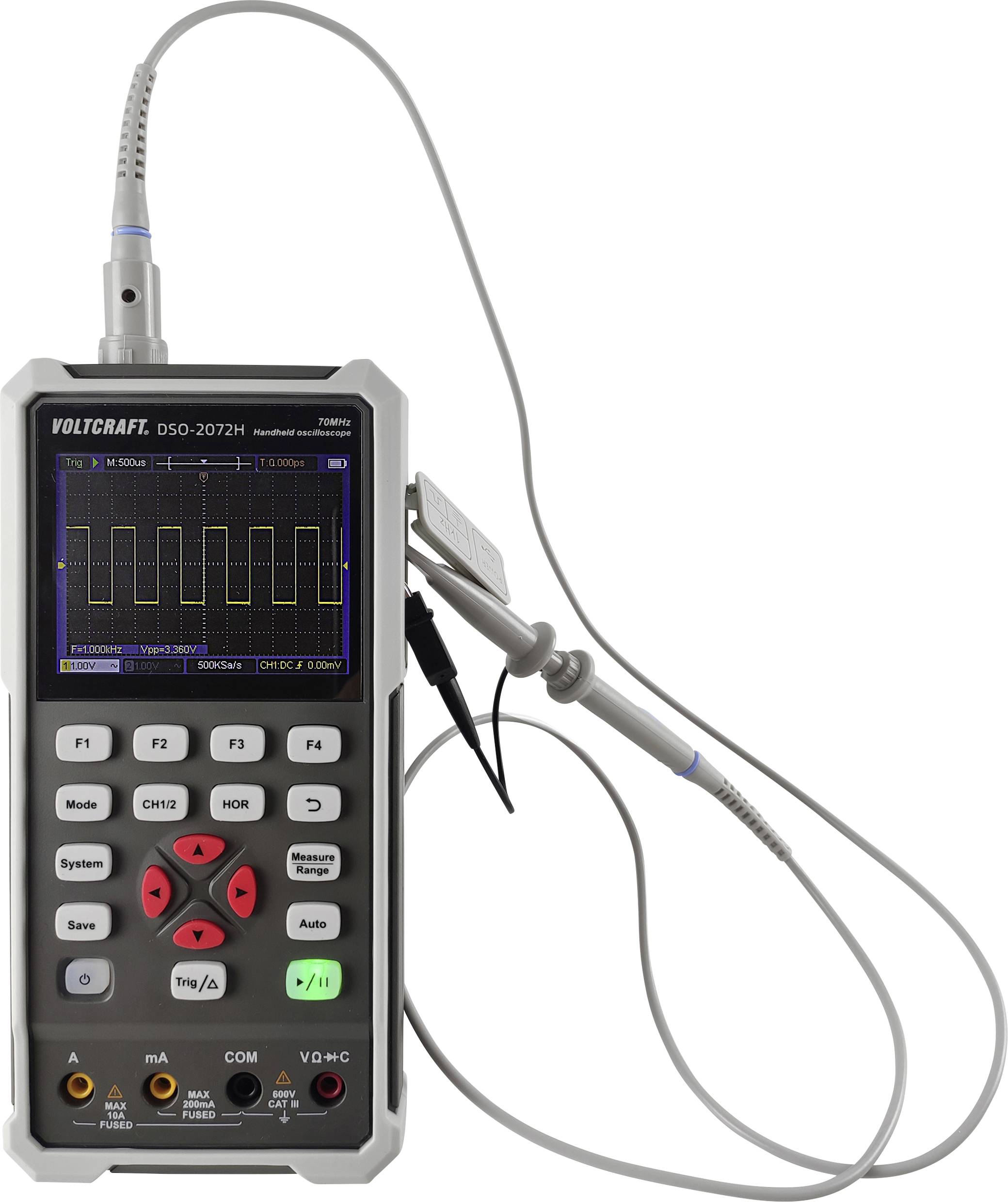 Oscilloscope numérique portable de Voltcraft avec sonde connectée, affichant une forme d'onde rectangulaire sur l'écran.