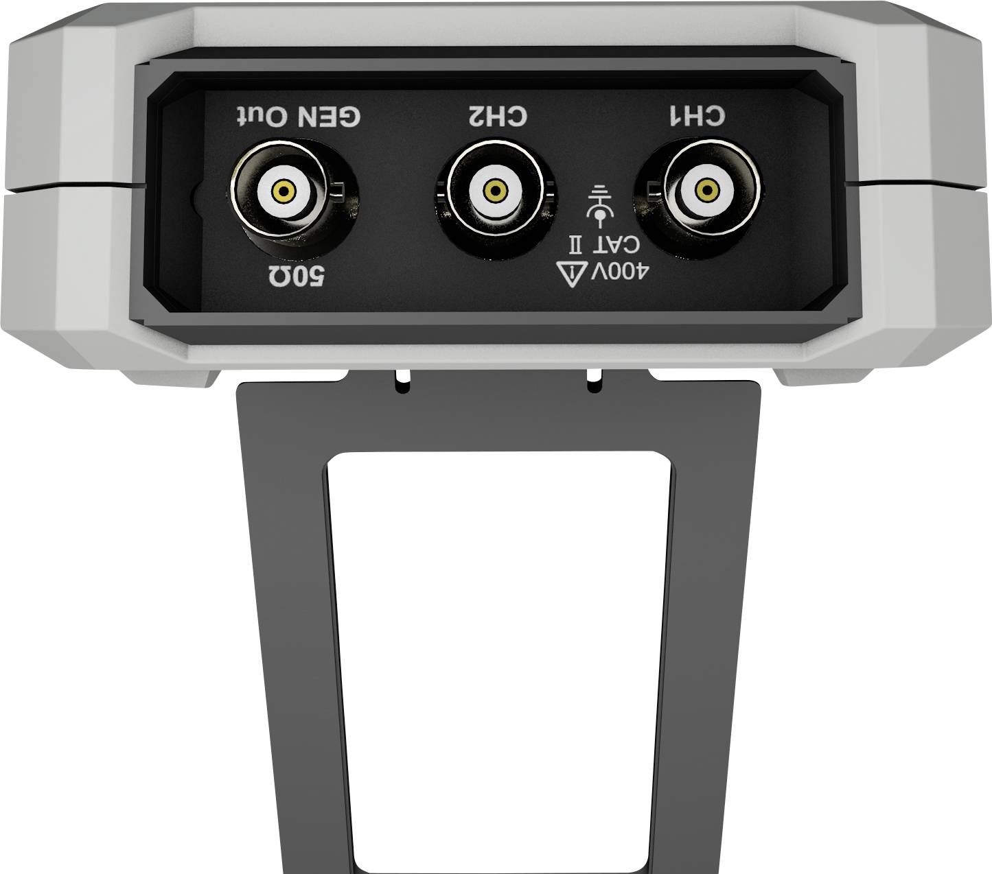 Vue du dessous d'un appareil électronique avec trois connexions, étiquetées 'GEN OUT', 'CH2' et 'CH1', adapté pour 400V CAT II.