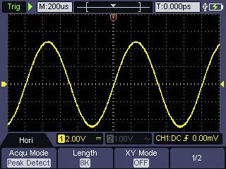'Affichage de l'oscilloscope : Courbe sinusoïdale jaune, axe X divisé en 200 microsecondes, axe Y divisé en 2 volts.'