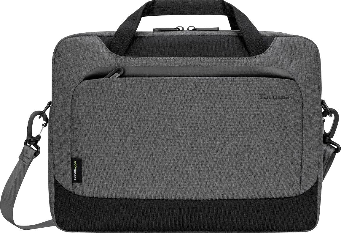 Sacoche grise pour ordinateur portable avec deux poignées, bandoulière amovible et poche zippée à l'avant, adaptée au transport d'un ordinateur portable.