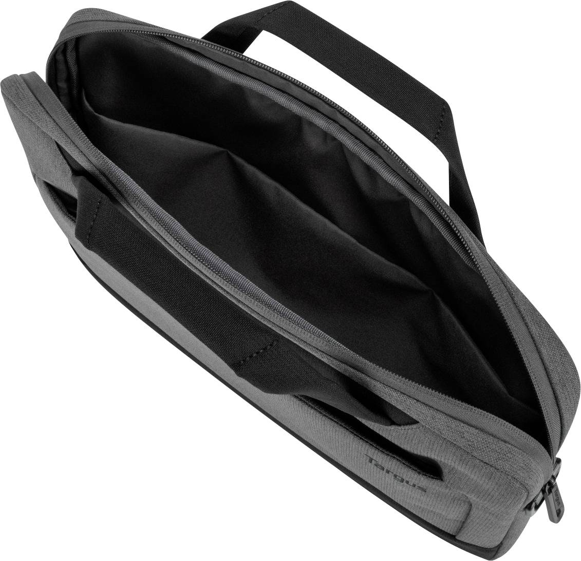 Sac pour ordinateur portable gris, ouvert et vide, avec deux poignées et une fermeture éclair, révélant un spacieux compartiment intérieur.