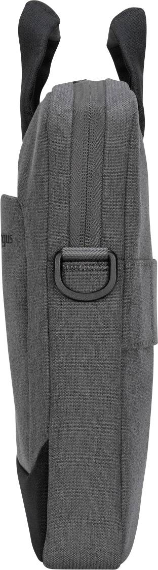 Sac à dos gris vu de côté, fermeture éclair visible, design épuré, deux sangles de transport en haut.