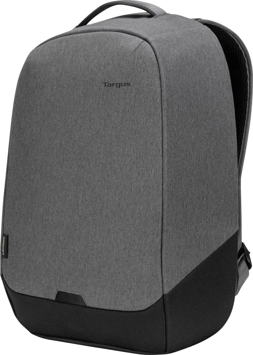 Sac à dos gris avec fond noir et poignée de transport en haut, marqué 'Targus', adapté à un usage quotidien.