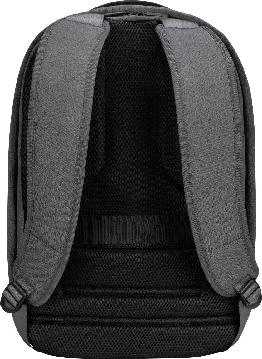 Sac à dos gris-noir vu de dos, montrant deux bretelles rembourrées et une surface dorsale en matière grillagée pour la ventilation.