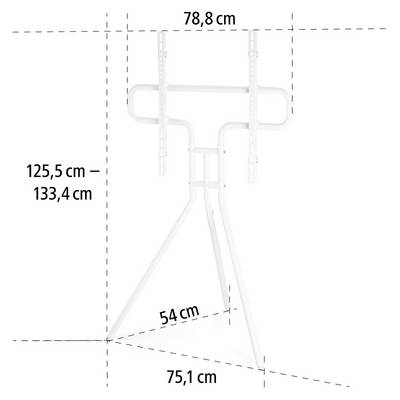 Support TV blanc avec supports réglables. Hauteur : 125,5-133,4 cm, Largeur : 78,8 cm, Profondeur : 54 cm. Pieds : 75,1 cm.
