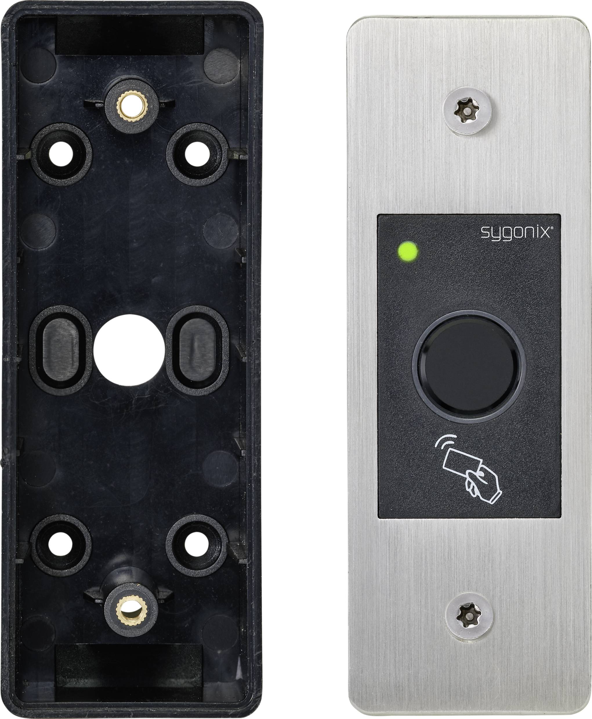 'Poignée de porte en acier inoxydable avec bouton de sonnette et empreinte digitale pour activation sans contact, à côté d'un socle de montage.'