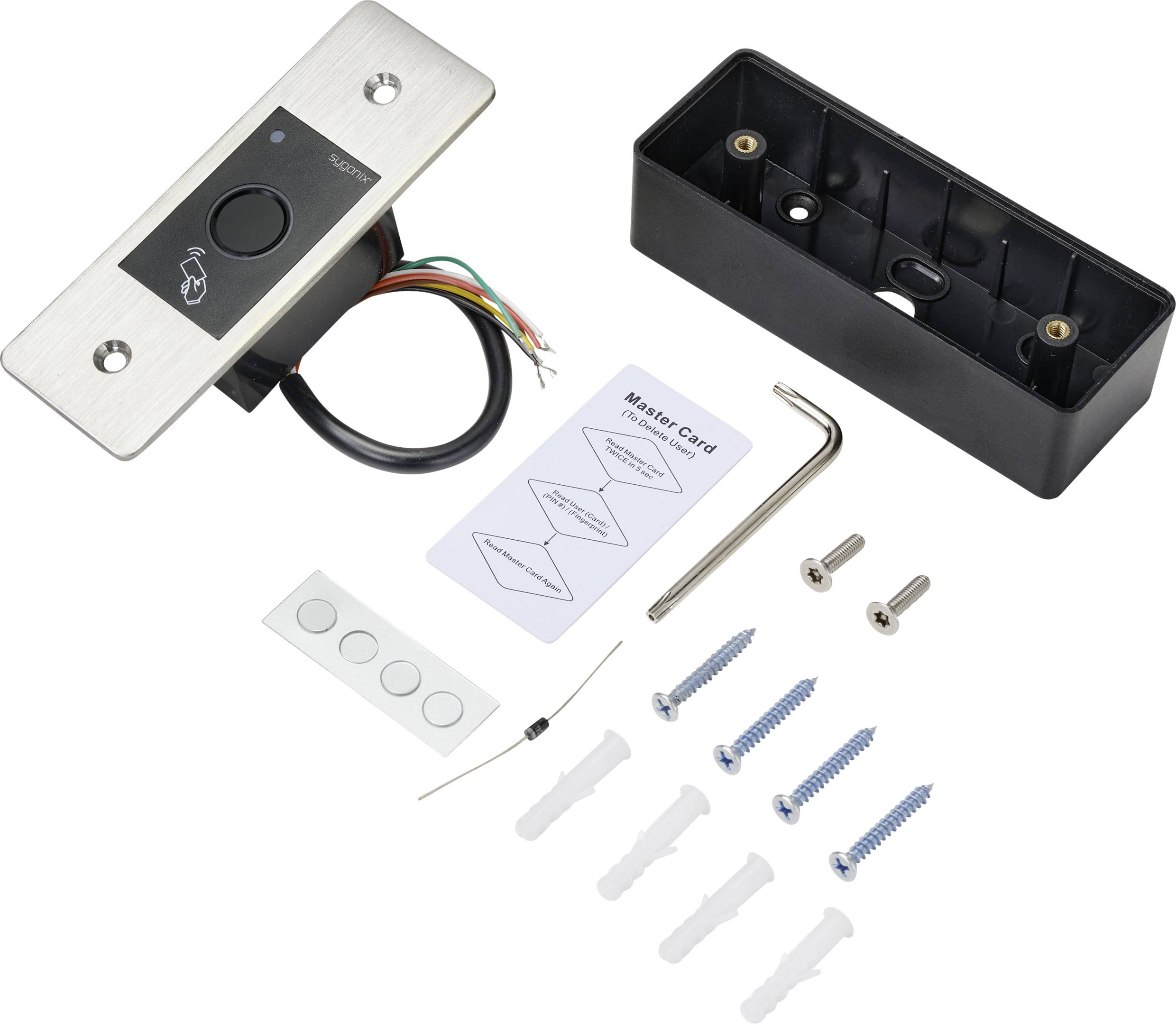 Kit de contrôle de porte avec interrupteur électronique, boîte de montage noire, vis, carte maîtresse et outils.