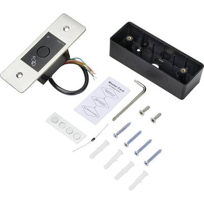 Kit de contrôle de porte avec interrupteur électronique, boîte de montage noire, vis, carte maîtresse et outils.