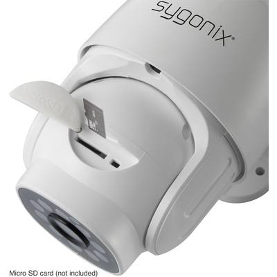 Caméra de surveillance blanche avec un emplacement pour carte Micro-SD ouvert, montrant comment insérer une carte.