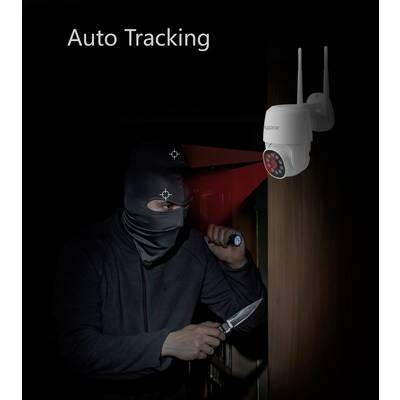 Une caméra de surveillance avec fonction de suivi automatique détecte un intrus masqué portant un couteau et une lampe de poche.