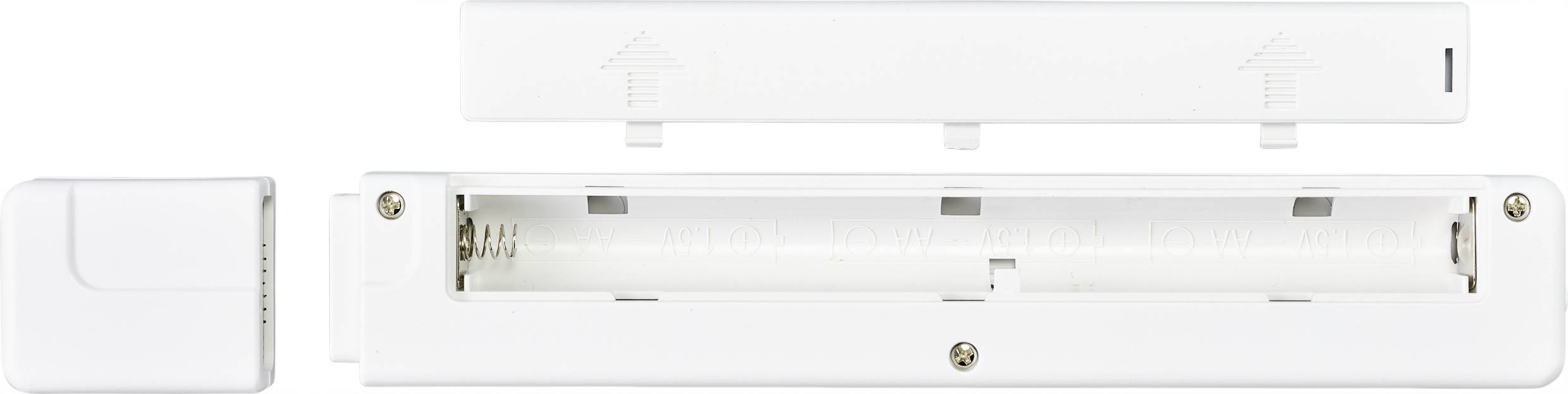 Capteur magnétique blanc pour porte ou fenêtre en trois parties, disposé horizontalement ; boîtier électronique avec compartiment à pile au centre.