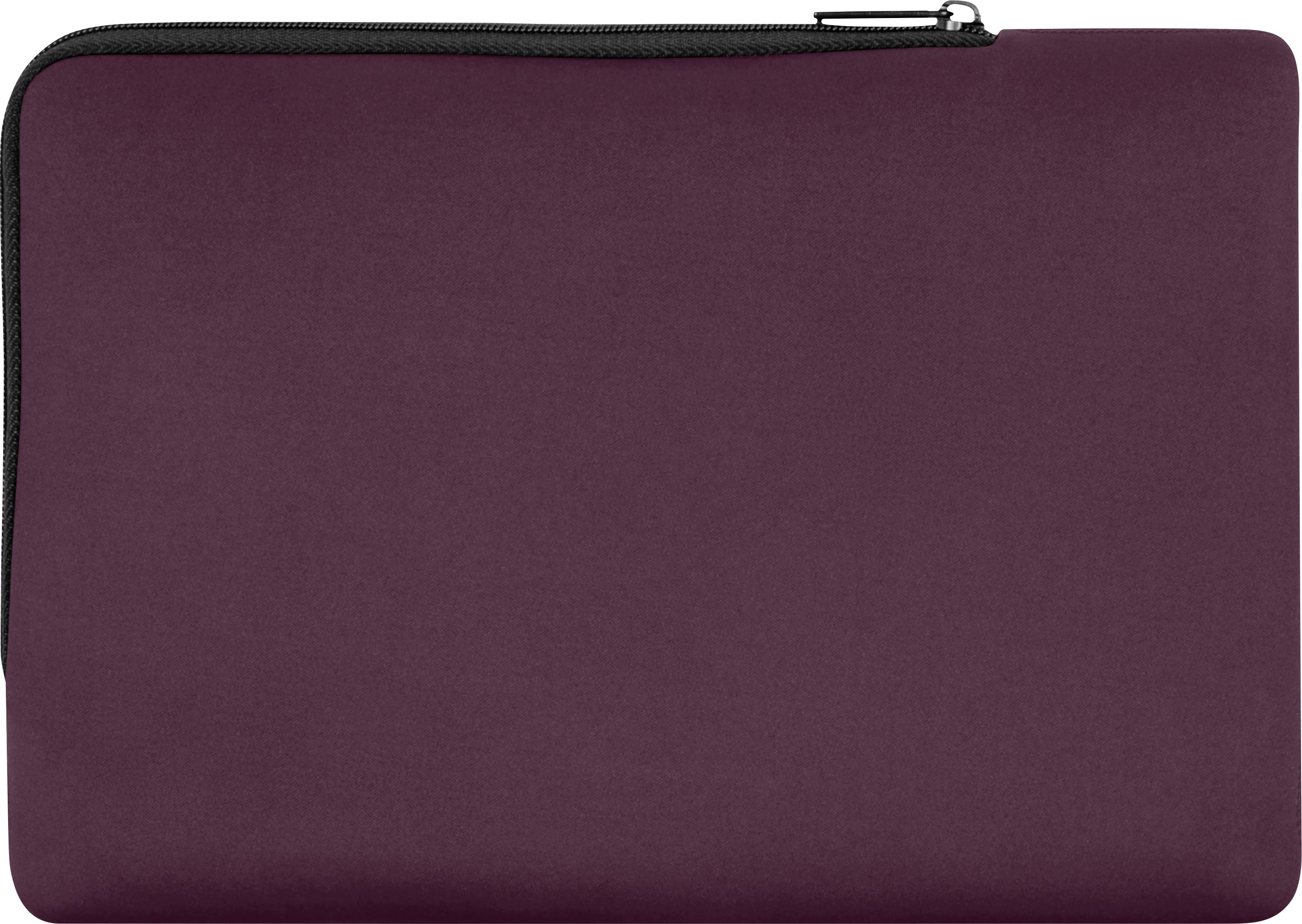 Sacoche d'ordinateur portable en tissu rouge foncé avec une fermeture éclair noire, positionnée horizontalement.