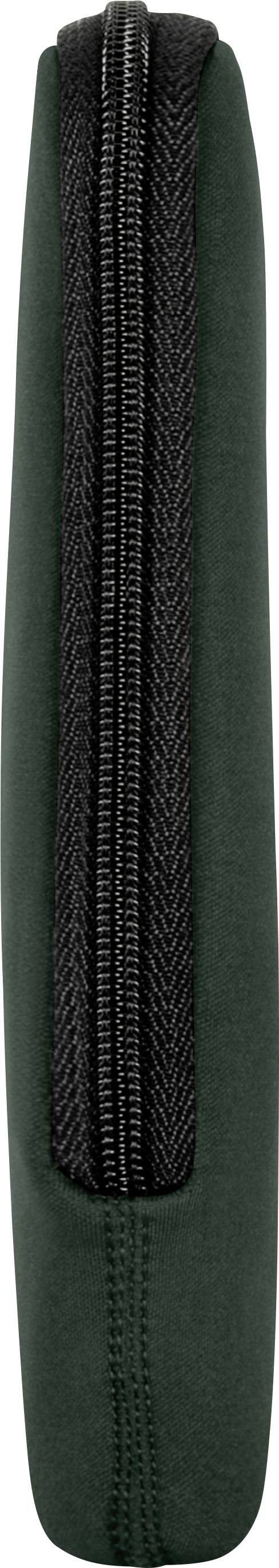 Vue latérale d'une trousse verte avec une fermeture à glissière noire.