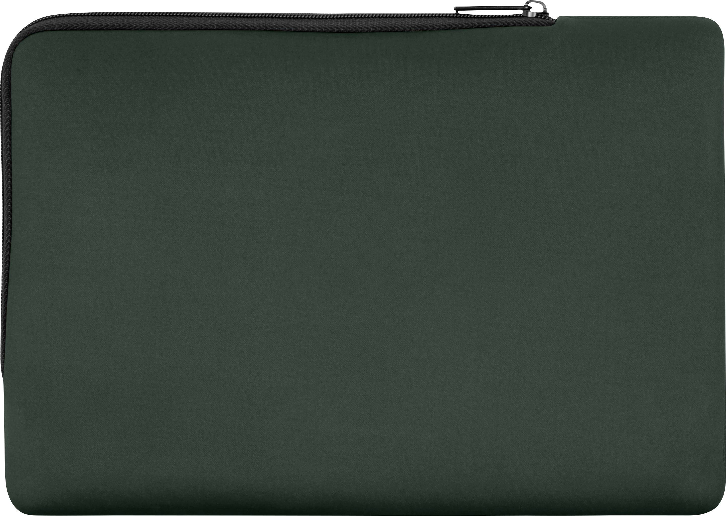 Une pochette d'ordinateur portable vert foncé avec fermeture éclair, fermée et sans logos ou designs visibles.
