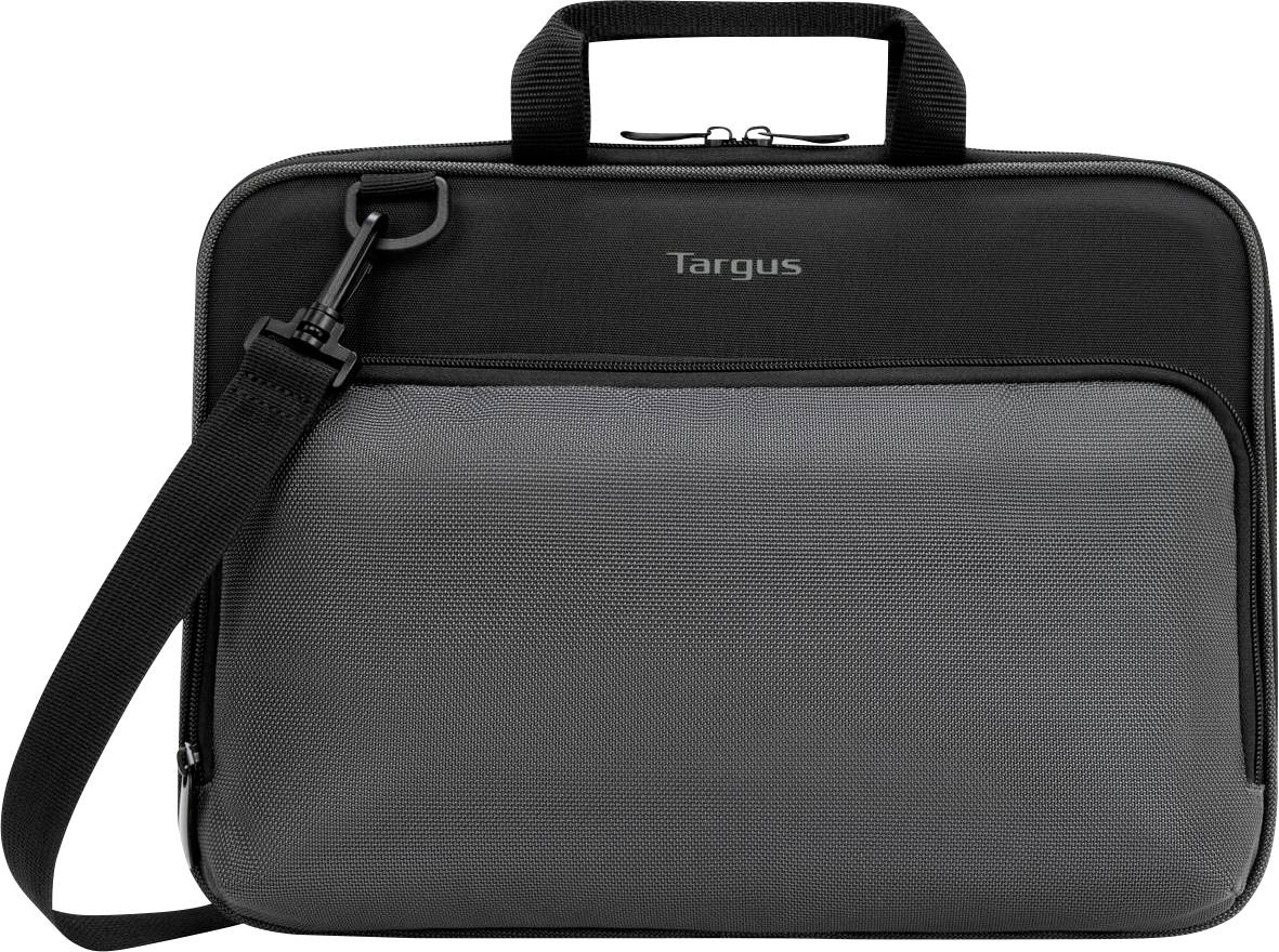 Sacoche noire pour ordinateur portable avec une poche avant grise, fermeture à glissière et bandoulière. Adaptée au transport sécurisé d'un ordinateur portable.