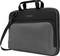 Un sac pour ordinateur portable noir avec poignée et bandoulière, doté à l'avant d'une poche zippée grise appliquée.