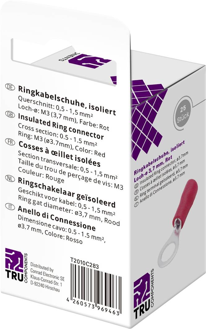 Un emballage contenant 25 cosses à sertir isolées, diamètre 3,7 mm, de couleur rouge ; logo de marque et spécifications techniques visibles.