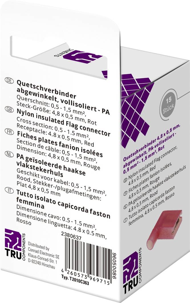 Assortiment de cosses à sertir 4.8 x 0.5 mm TRU COMPONENTS T2010C363 90 ° entièrement isolé rouge 15 pc(s)-1
