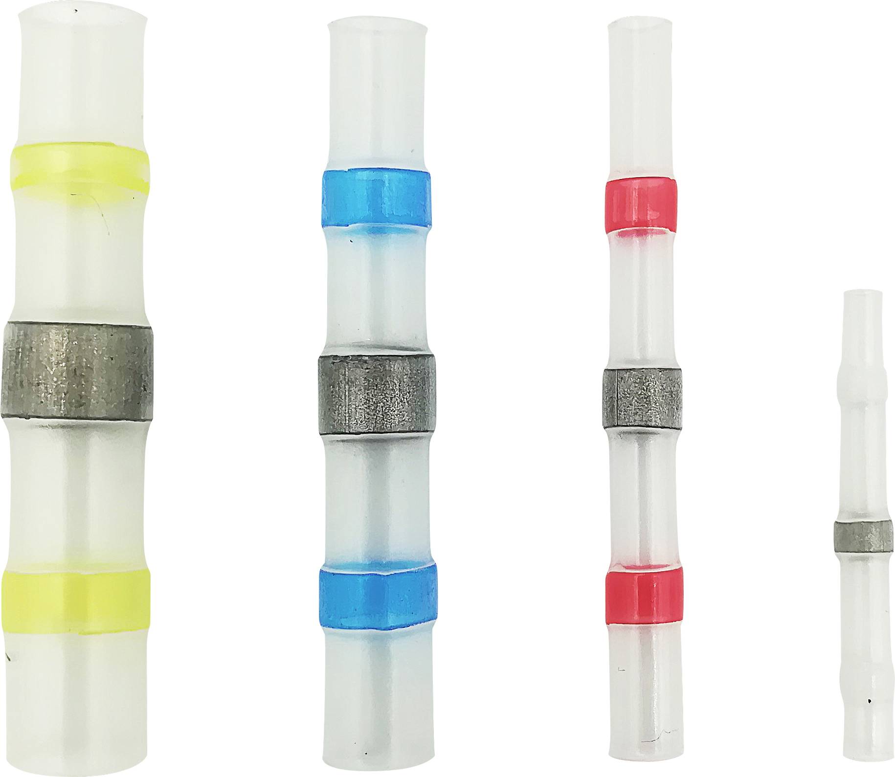 Quatre connecteurs thermorétractables électriques de différentes couleurs avec des bagues métalliques en jaune, bleu, rouge et transparent, de gauche à droite.