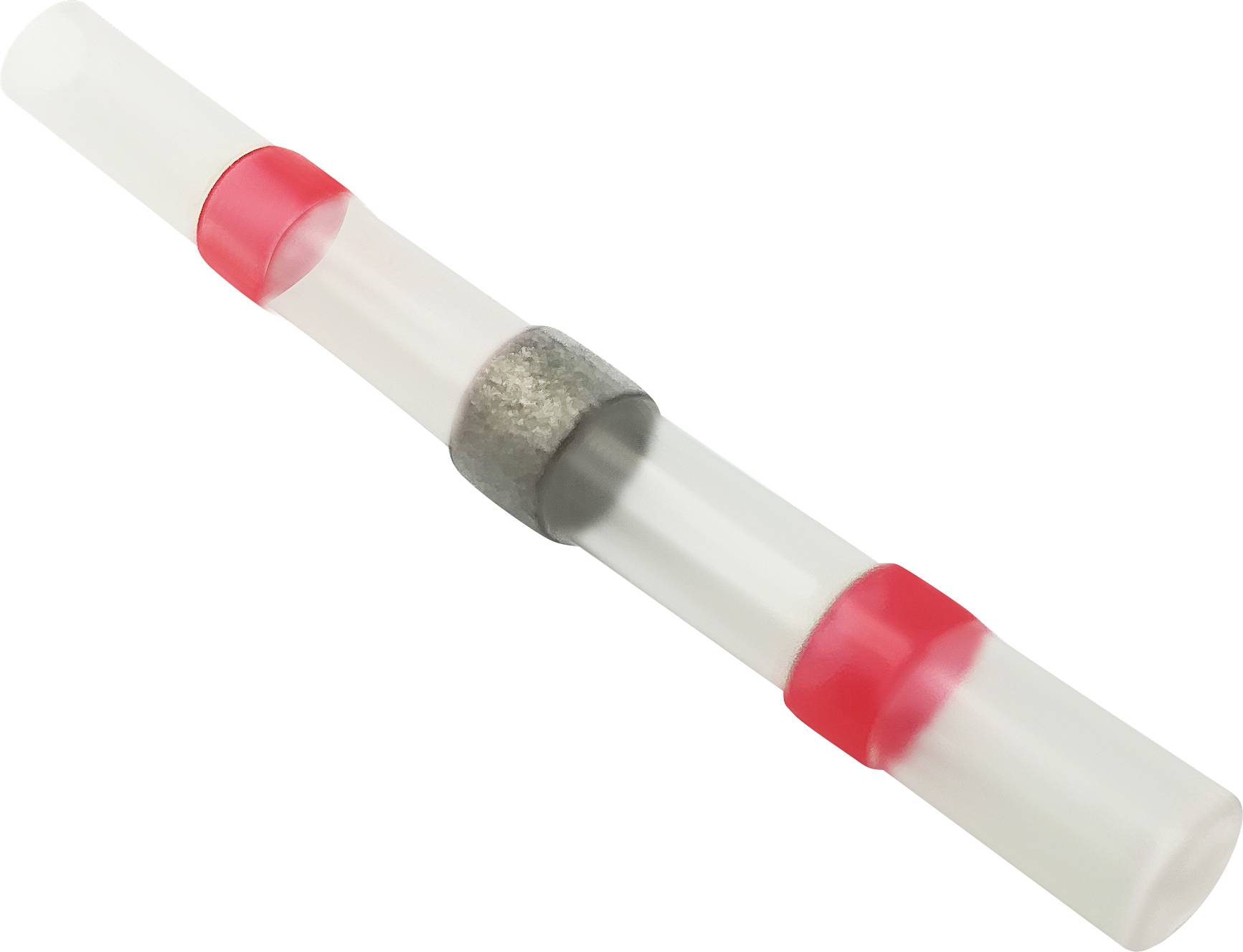 Un tube en plastique transparent avec des anneaux rouges aux deux extrémités et un anneau métallique central.