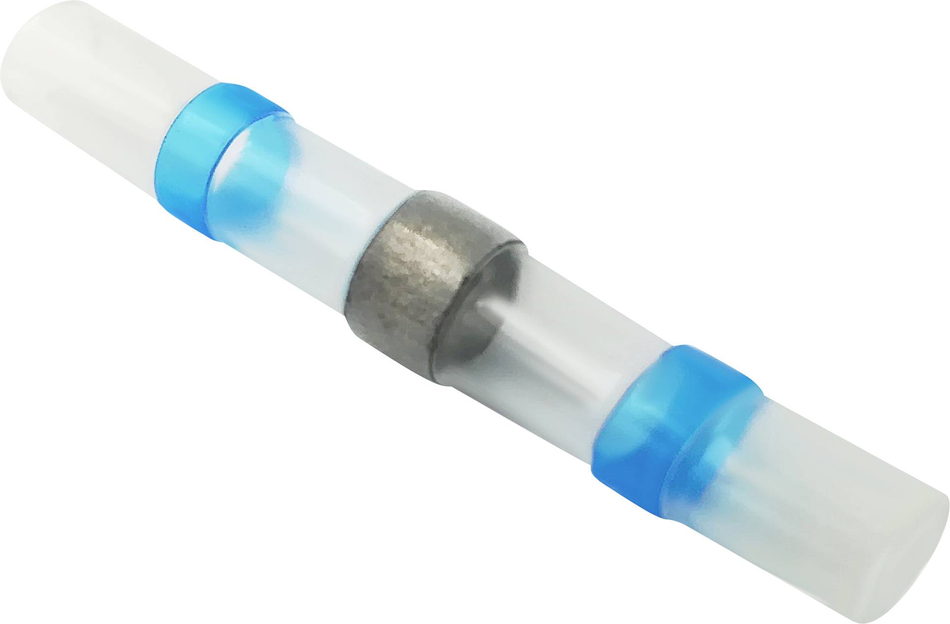 Manchettes de connecteurs de rétrécissement blanches et bleues avec anneau métallique, utilisées pour raccorder des câbles dans les installations électriques.