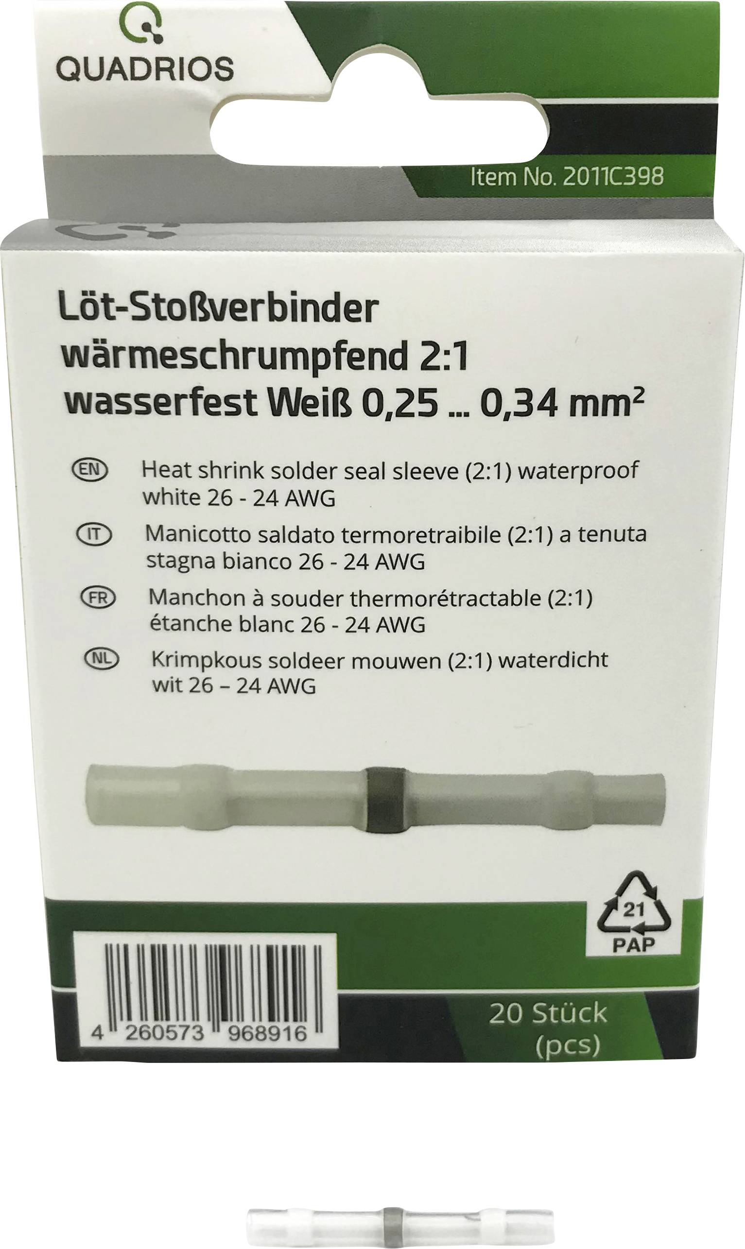 Emballage d'un connecteur de jonction à souder. 'Thermorétractable 2:1, imperméable Blanc 0,25 - 0,34 mm², 20 pièces'. Contient une photo du connecteur.