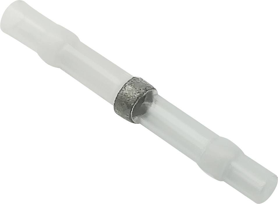 Un connecteur de tuyau en plastique transparent avec un anneau métallique en son centre, destiné à relier deux tuyaux.