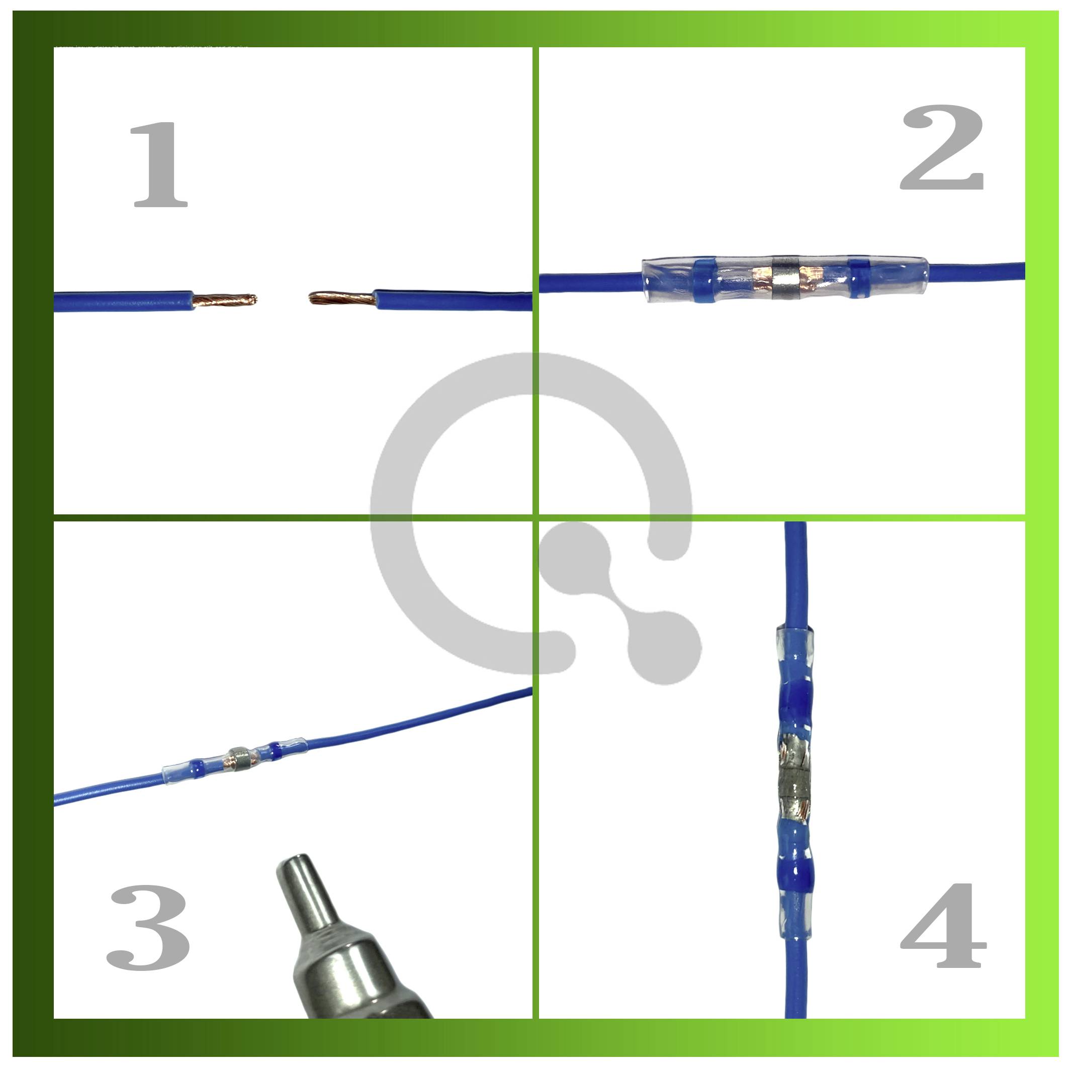 Étape 1 : Deux câbles bleus avec extrémités ouvertes. Étape 2 : Câbles connectés avec un manchon de raccordement. Étape 3 : Connexion avec un fer à souder. Étape 4 : Connexion de câble soudée terminée.