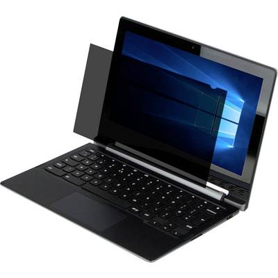 Un ordinateur portable sur une table avec un écran allumé affichant le bureau Windows, équipé d'un filtre de confidentialité qui limite la visibilité latérale.