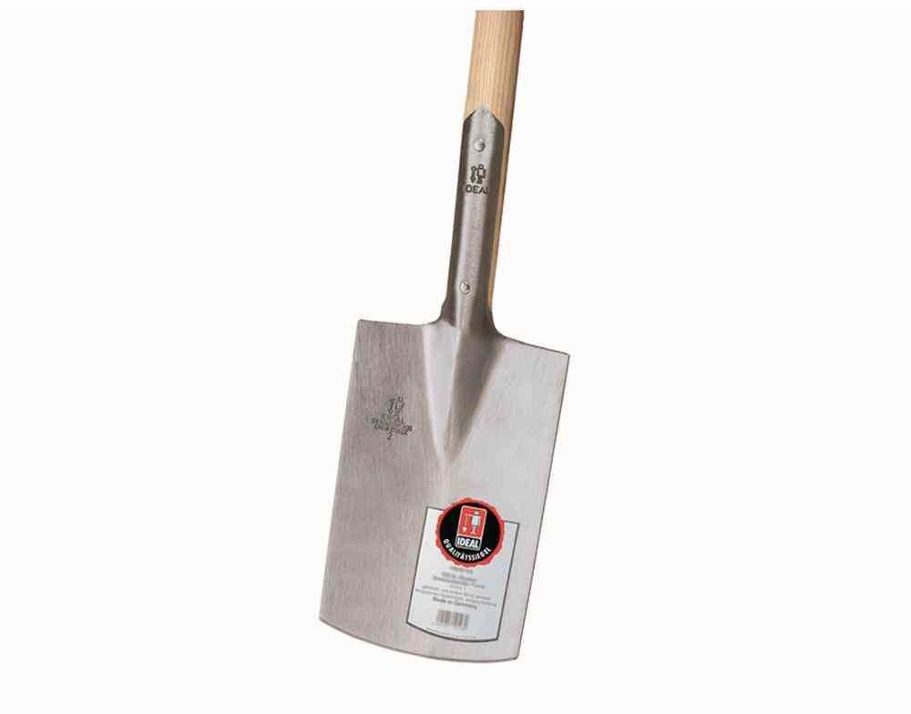 Une pelle d'argent avec un manche en bois, exécution idéale pour les travaux de jardinage, présentée avec une étiquette sur la lame de la pelle.