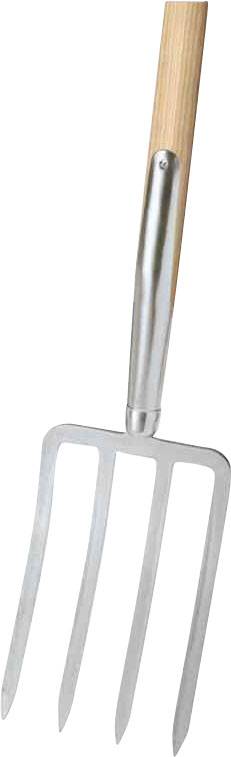 Une fourche-bêche de jardin à quatre dents métalliques et à manche en bois, utilisée pour bêcher ou aérer la terre dans un jardin.