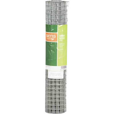 Rouleau de grillage métallique de "Siena Garden", environ 5m de long, couleur argent. Étiquette d'emballage avec logo et informations du produit visible.