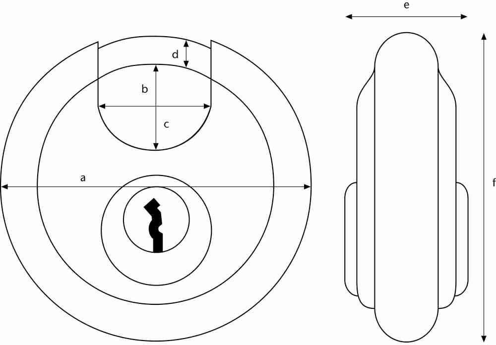 Dessin technique d'un cadenas de rideau rond avec vue latérale droite. Les dimensions de a à f sont indiquées.