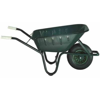 Une brouette verte à une roue et deux poignées, adaptée aux travaux de jardin ou au transport de matériaux.