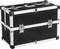 Valise à outils noire avec cadre métallique et fermoirs, debout, fermée.