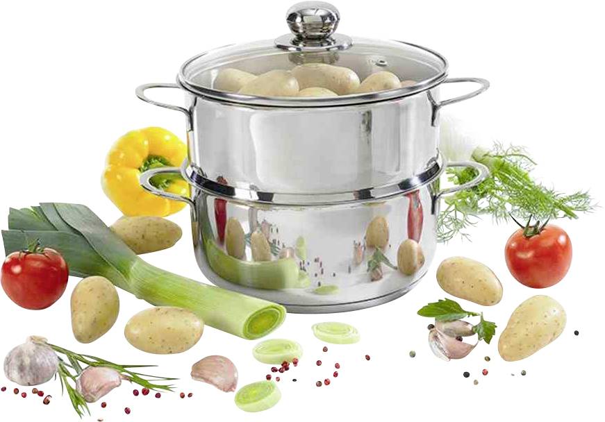 Une casserole en acier inoxydable avec un couvercle en verre, remplie de pommes de terre, est placée entre des légumes frais tels que des poireaux, des tomates et des poivrons.