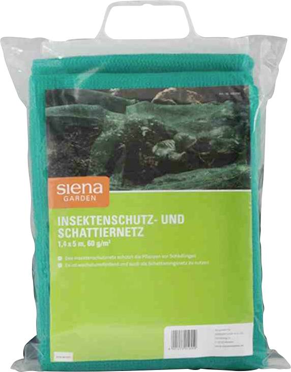 Emballage d'un filet anti-insectes et d'ombrage de la marque Siena Garden. Dimensions : 1,8 x 5 m. Utilisé pour protéger les plantes contre les nuisibles.