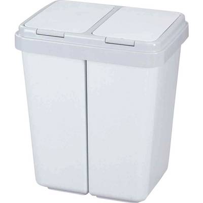 Une poubelle grise à deux compartiments avec couvercles, idéale pour le tri sélectif.